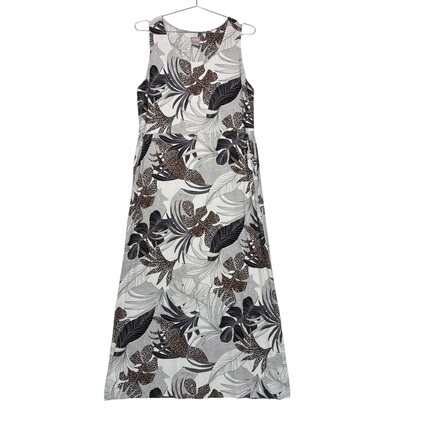 Chicos Women Maxi Dress 2 L White Black Tropical Leopard Print Sleeveless Pocket